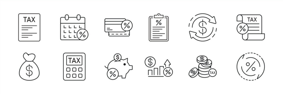 set of tax thin line icon. containing loan, return, interest rate, fee, percentage icon collections. vector illustration