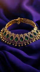 Obraz premium Gold choker necklace with emerald stones placed on a deep sapphire blue satin fabric, with a royal purple-to-sapphire gradient background and faint candlelight, Copy space, happy Diwali backgroun