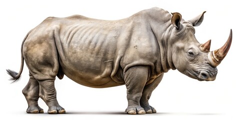 Obraz premium A majestic rhino stands alone against a pristine white backdrop in this breathtaking panoramic wildlife photograph, showcasing the beauty and power of nature's incredible creatures.