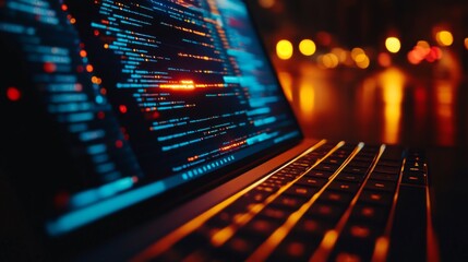 Closeup of a laptop screen displaying code with a blurred city lights background.