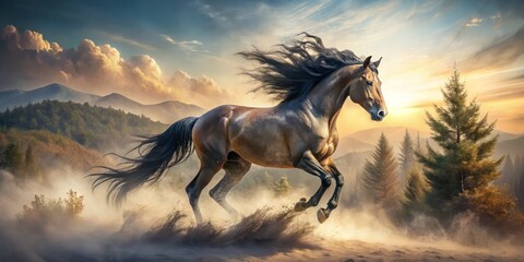 A majestic stallion gallops through swirling dust, captured in stunning double exposure photography showcasing its power, grace, and the captivating beauty of wild nature.