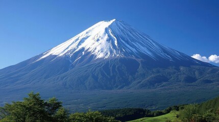 Snow-capped Mountain Peak with Lush Green Foliage and Blue Sky