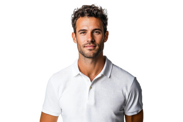 Portrait of a stylish man in a white polo shirt striking a confident pose on a transparent background