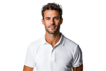 Portrait of a stylish man in a white polo shirt striking a confident pose on a transparent background