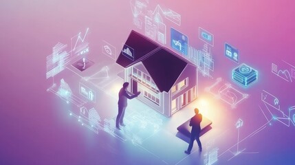Obraz premium Futuristic illustration of real estate transaction with digital elements showcasing innovation in property buying and selling.