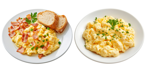 scrambled egg with bacon and sourdough bread for breakfast isolated on transparent background