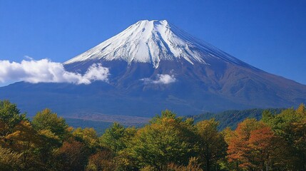 Majestic Mount Fuji with Snow Cap and Autumn Foliage