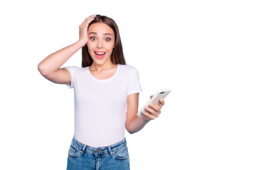 Portrait of impressed cute lady screaming wow omg touching her head wearing white t-shirt jeans isolated over blue background