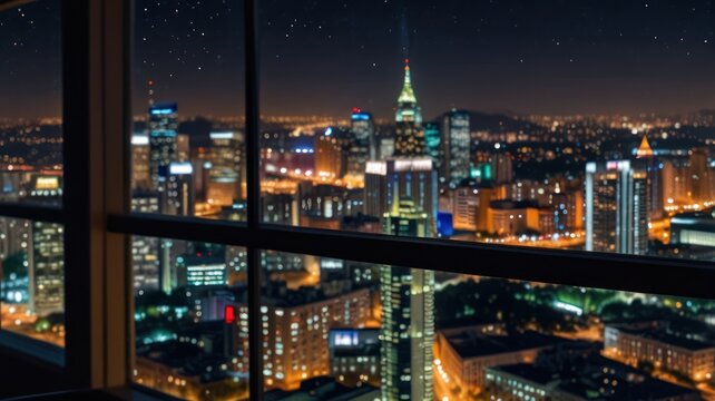 Fototapeta A night view of a city skyline seen through a window.