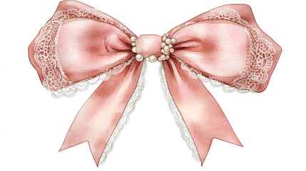 an elegant Christmas bow clipart, lace and pearl detail, watercolor illustration, soft pink, isolated on white background