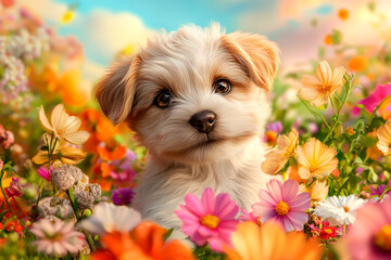 A cute puppy with sitting in a summer garden filled with colorful flowers.