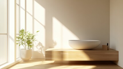 Modern minimalist bathroom interior, modern bathroom cabinet, white sink, wooden . Generative Ai