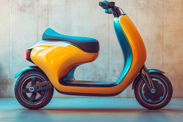 An yellow conceptual electric moped with a futuristic design.