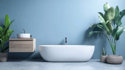 Fototapeta premium Modern minimalist bathroom interior, modern bathroom cabinet, white sink, wooden vanity, interior plants, bathroom accessories, bathtub and shower, white and blue walls, concrete floor.