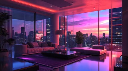Modern penthouse living room with luxurious furniture, ambient lighting, and a grand open layout with views of a vibrant cityscape