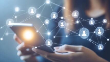 A person using a smartphone with a network of digital connections symbolizing communication and social interaction.