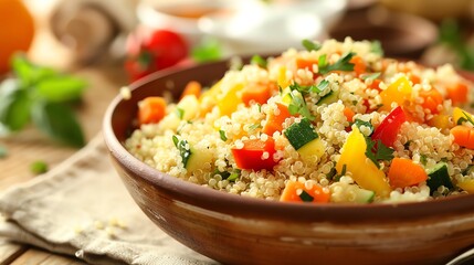 A bowl of quinoa with colorful vegetables and fresh herbs.