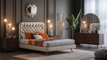 Modern style bedroom interior with luxury furniture and decor