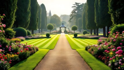 Obraz premium Pathway Leading Through a Formal Garden with Gazebo