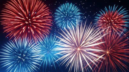Fototapeta premium Vibrant red and blue fireworks display exploding in the night sky, creating a festive and celebratory atmosphere