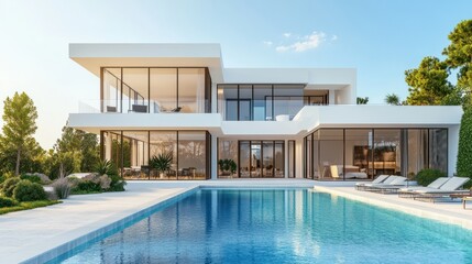 Fototapeta premium Modern white villa with swimming pool is bathed in morning sunlight