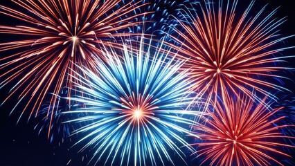 Obraz premium Vibrant red and blue fireworks display exploding in the night sky, creating a festive and celebratory atmosphere