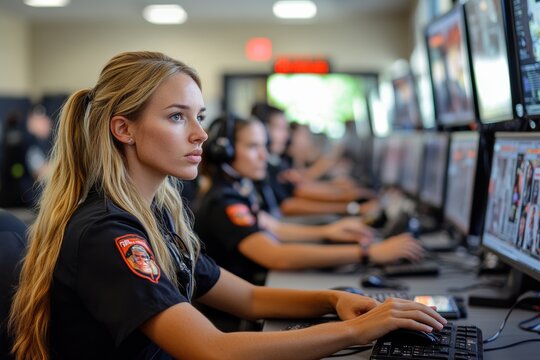 woman wearing a headset and a red and white patch on her jacket. Inside a 911 dispatch center, with operators using advanced technology to coordinate first responders, police, and medical teams