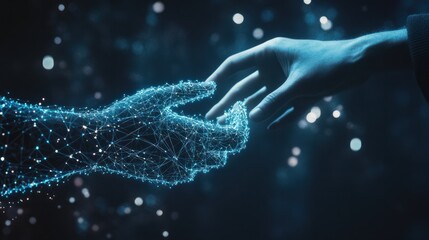 People connecting hands, symbolizing teamwork with a graphical network overlay of points and lines