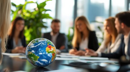 Photo of business team meeting with a globe on the table in an office, focusing on the planet Earth and blurred people at work during a conference or group business training for travel company ideas 