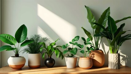 Collection of Houseplants in Pots on a Wooden Shelf