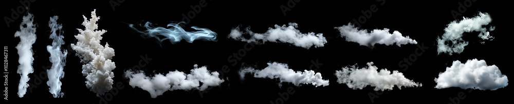 Poster A collection of various smoke and cloud formations, each with unique textures and shapes, set against a black background. These dynamic smoke and cloud elements are ideal for use in visual effects.