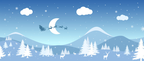 Christmas background. Illustration Winter landscape with reindeer and fir trees in the snow, night sky with stars, snowfall, moon and Santa Claus and Sleigh.