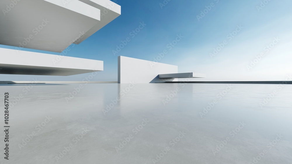 Aufkleber 3d render of abstract modern concrete architecture with empty cement floor, minimal exterior, car pr