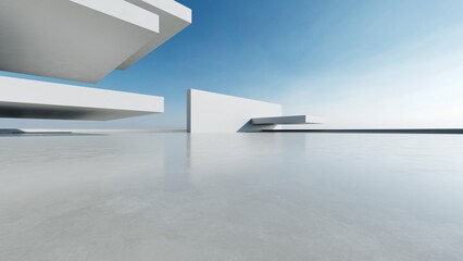 Obraz premium 3d render of abstract modern concrete architecture with empty cement floor, minimal exterior, car presentation background