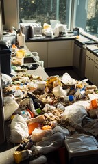 Kitchen counter overflowing with garbage.