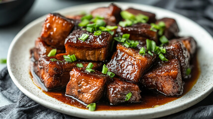 Succulent pork belly simmered in soy sauce and ginger