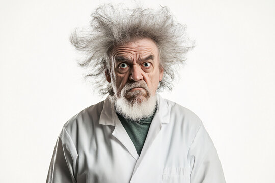Portrait of a mad scientist with wild hair wearing a lab coat and displaying an intense expression representing eccentricity and curiosity
