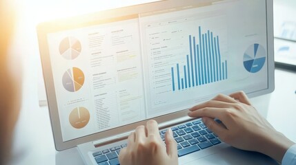 Obraz premium A person analyzing data on a laptop, showcasing graphs and charts for business insights, with a bright and modern workspace.