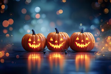 Fototapeta premium Halloween pumpkins with spider on a shiny light background with generative ai