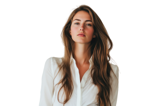 Portrait of a stylish woman in a white blouse striking a confident pose on a transparent background