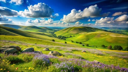 Fototapeta premium Vibrant hills and blue skies with clouds, nature, scenery, spring