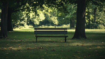 A solitary bench in a green park surrounded by trees