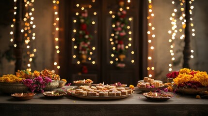 Traditional Indian sweets on a wooden table, with a view of a decorated home entrance adorned with twinkling fairy lights and flower garlands. Copy space, Indian traditional festival happy Diwali 