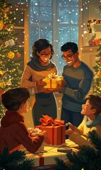 Family exchanging gifts by Christmas tree.