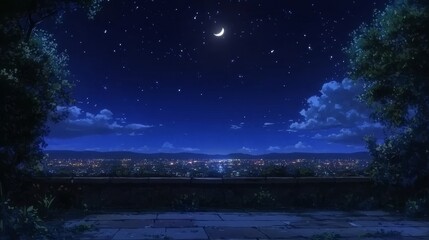 Fototapeta premium A serene night view of a starry sky with a crescent moon over a cityscape.