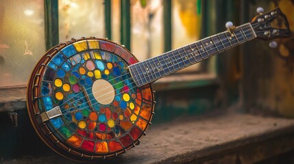 Naklejka premium traditional banjo with a vibrant, multicolored design and a cheerful
