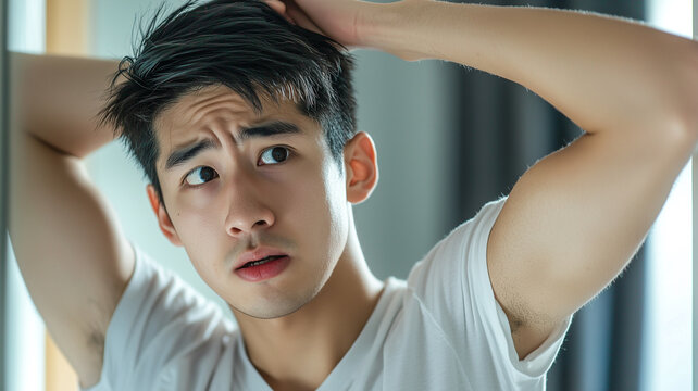 Shocked Asian Young Man Checking His Armpit in the Mirror, Reacting to Shirt Odor.