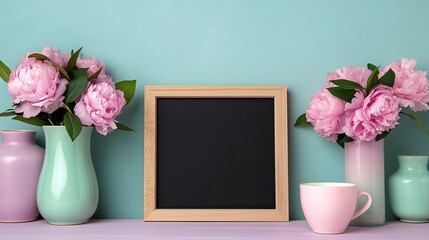 Fresh peonies and coffee with blackboard mockup. Aromatic flowers and festive postcard template advertising image. Mother day celebration chalkboard mock up product photorealistic