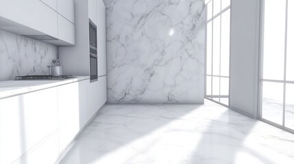 white modern kitchen in a house with marble walls