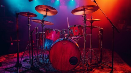 bright red drum set with colorful cymbals